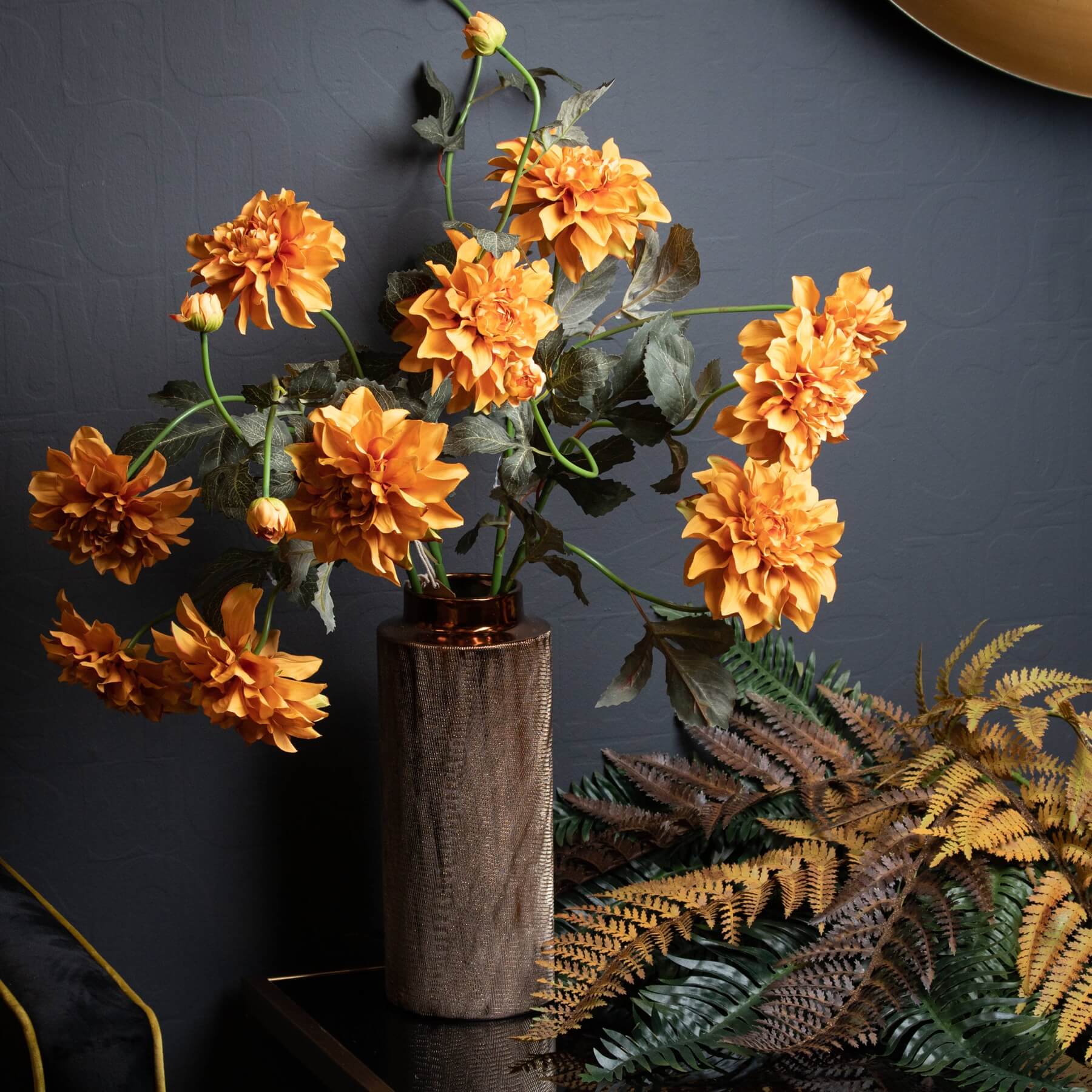 Handcrafted orange faux dahlia spray with realistic layered petals for year-round autumn decor, 45 inches tall. by sostter at brixbailey.com