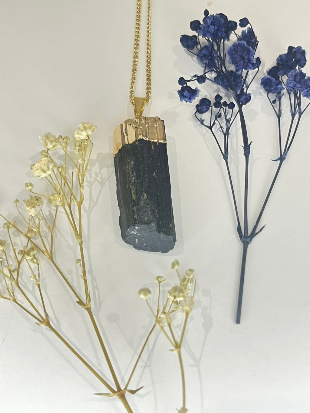 Gold Plated Black Tourmaline Wand Necklace for Protection and Grounding