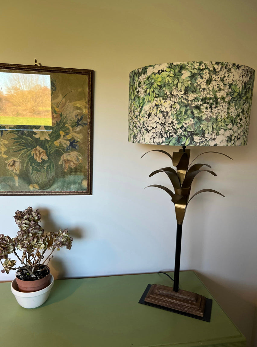 White flowers velvet drum lampshade/ ceiling shade with a white lining