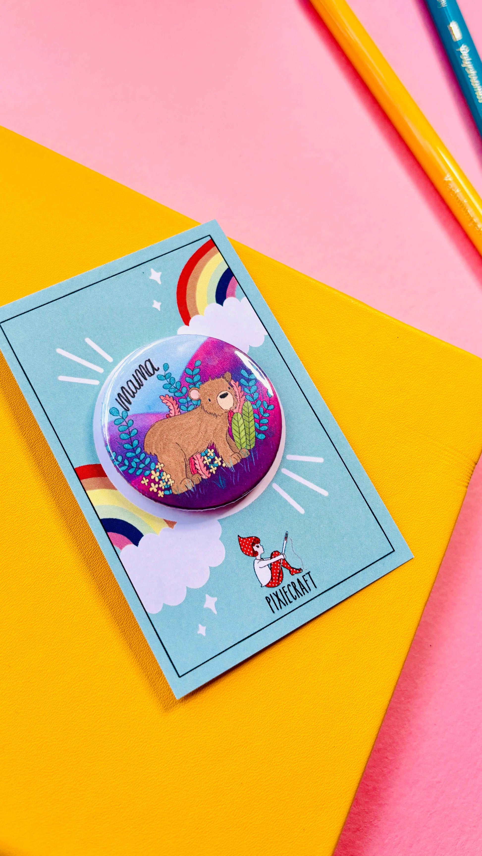 Brown Bear Illustrated Pin Badge or Magnet