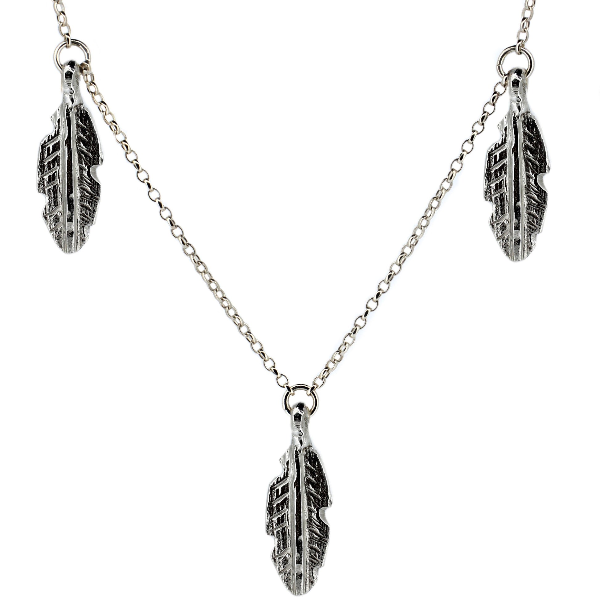 Three Feather Charm Necklace in Recycled Sterling Silver