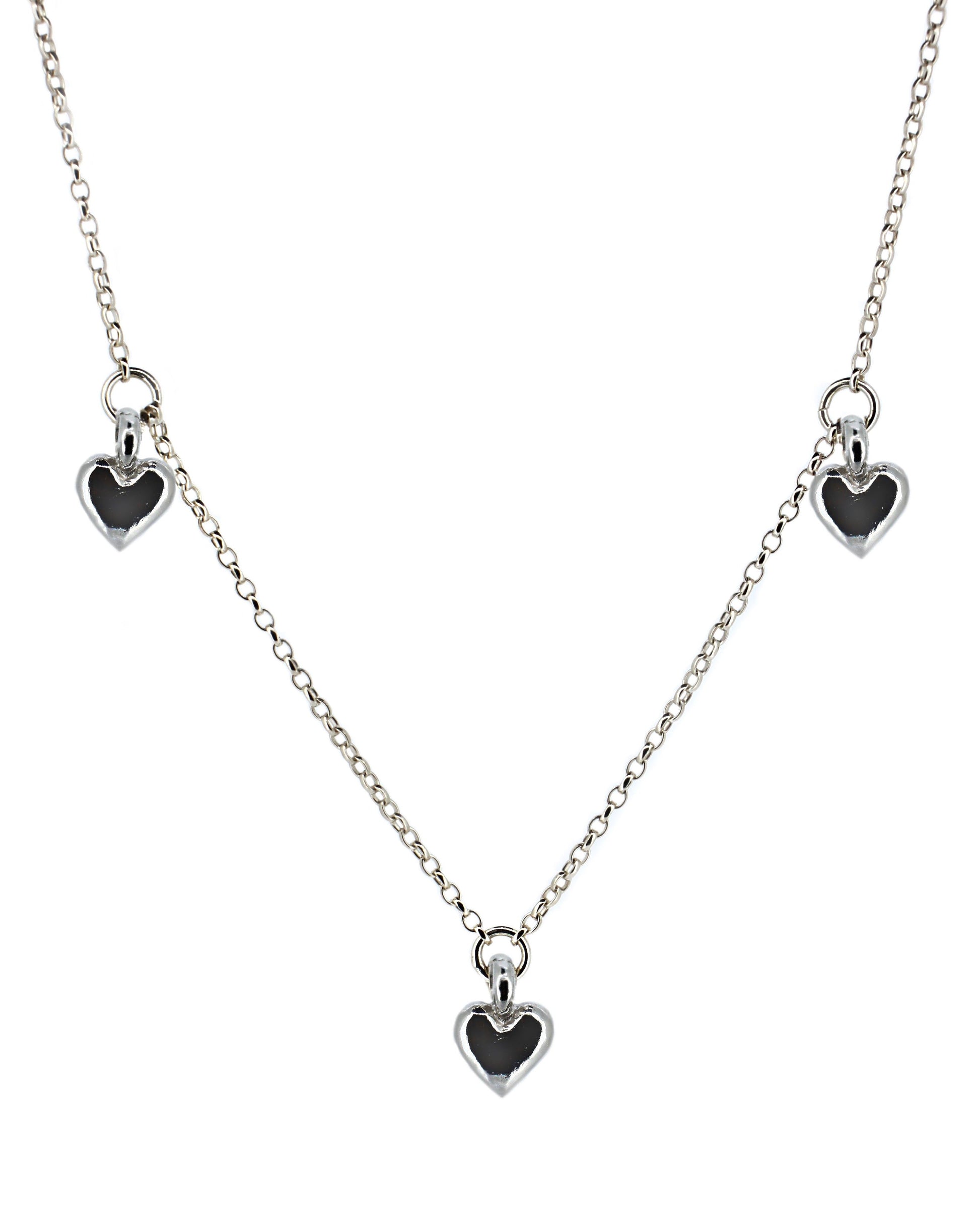 Three Sweet Heart Charm Necklace in Sterling Silver