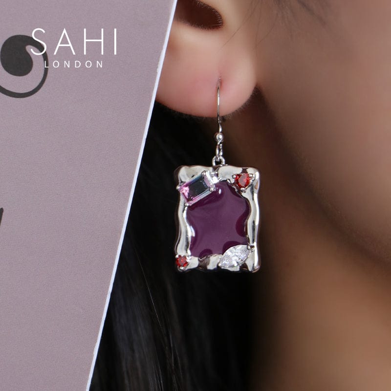 Heart Enamel Metaverse Rain Dangling Earrings in Silver and Violet