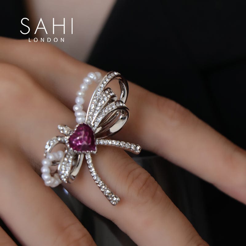 Love Heart Enamel Bow Adjustable Ring