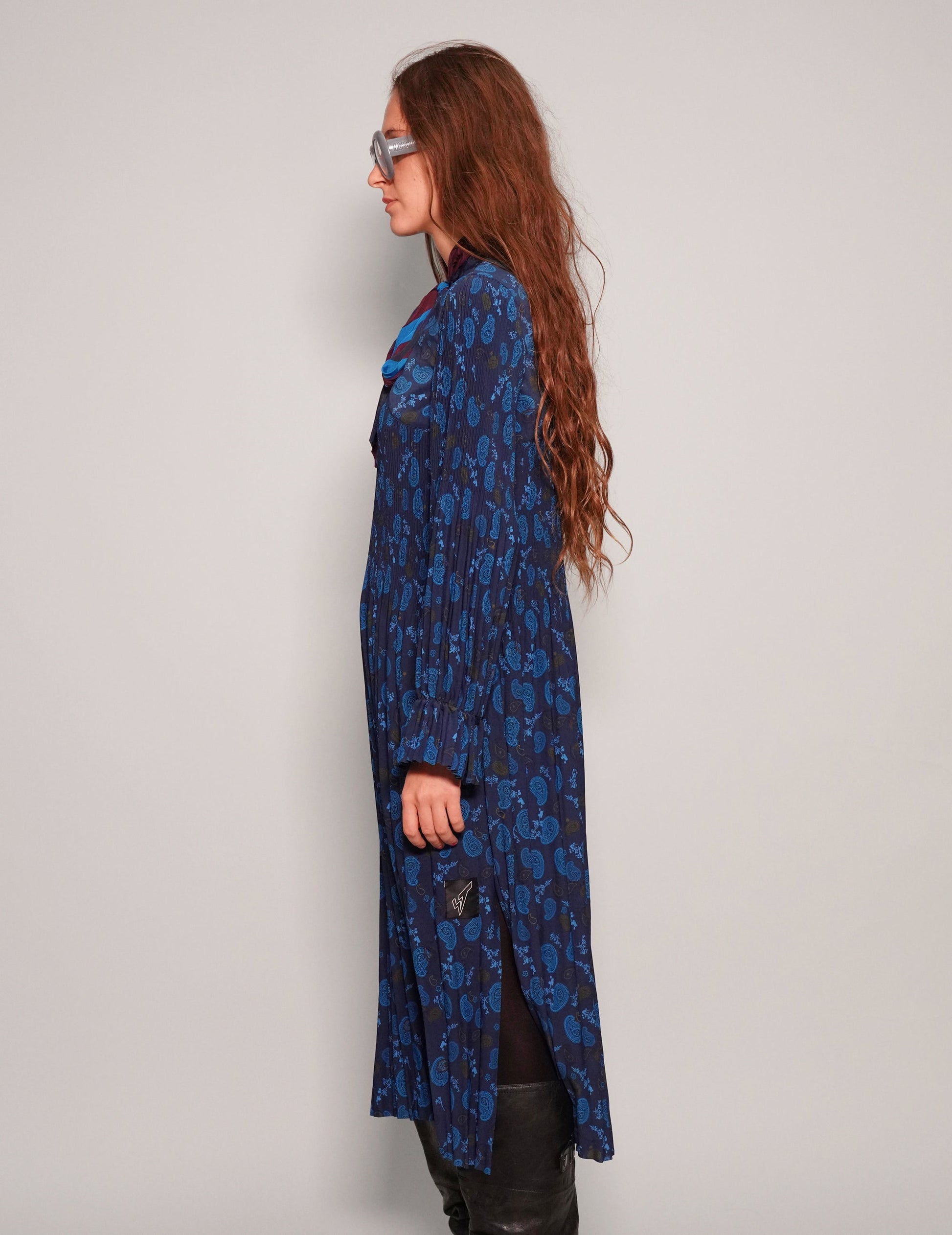 Blue Patterned Tie Neck Dress in Recycled Polyester