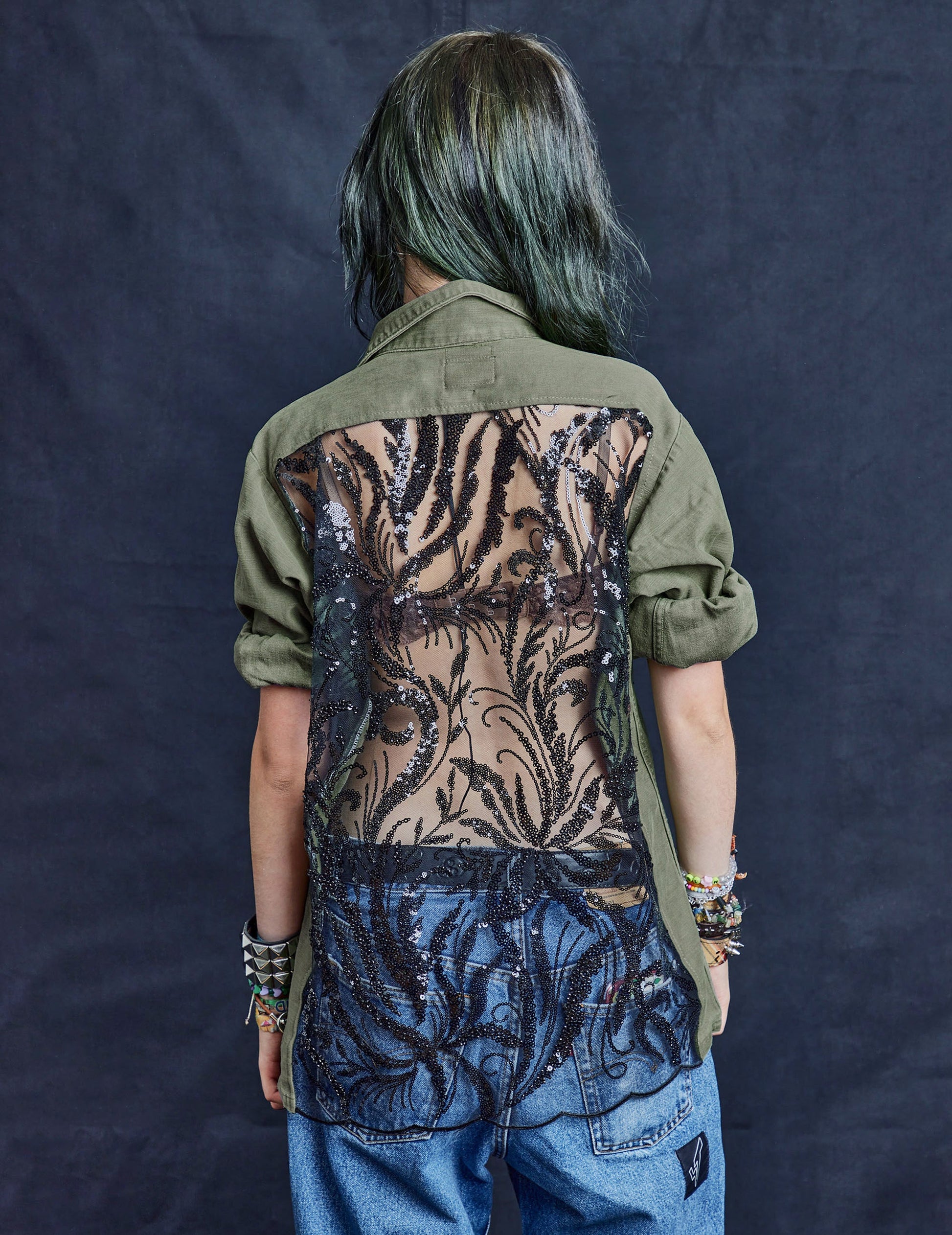 Party Back Shirt Black Sequin Khaki