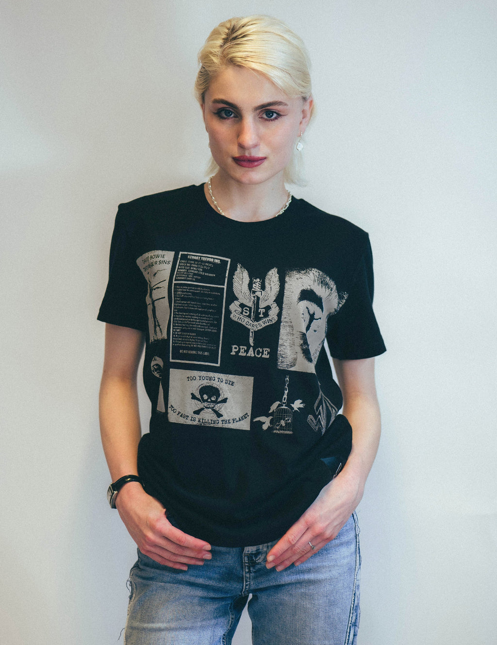Black T-Shirt with Rock and Roll Printed Patches