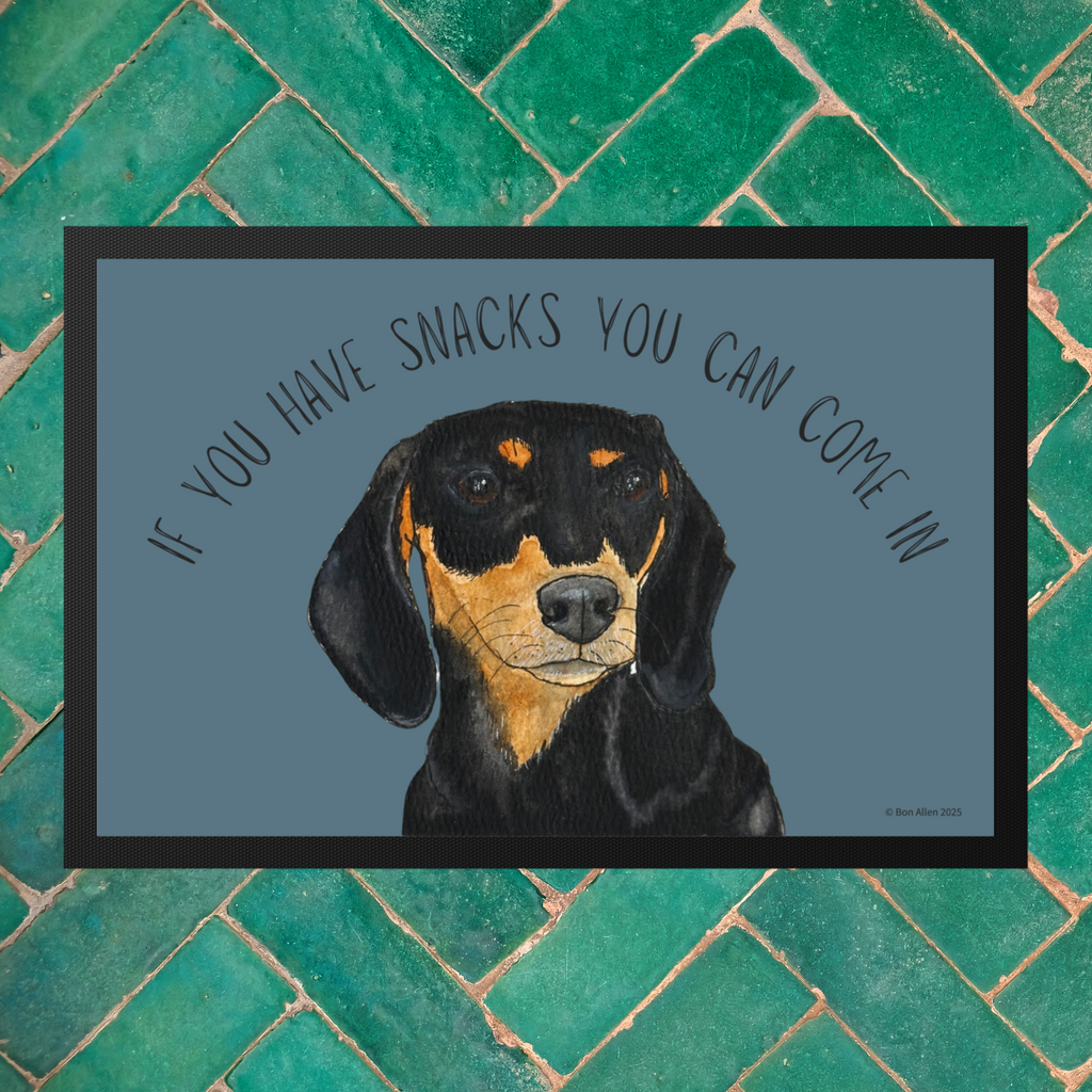 Black and Tan Dachshund Doormat with Snacks Slogan
