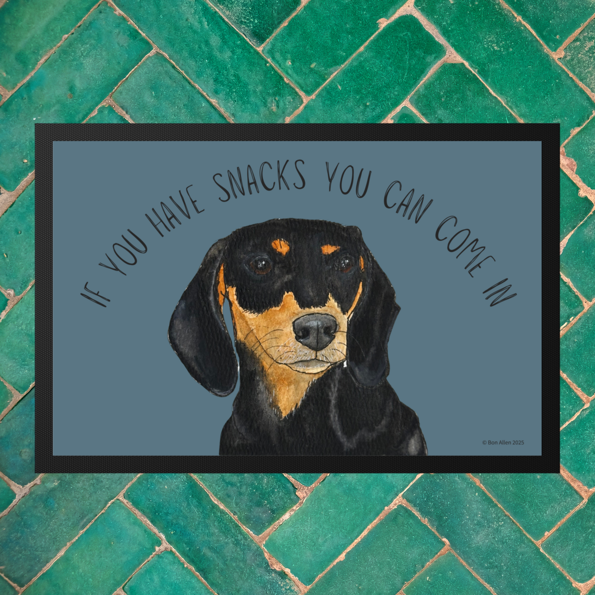 Black and Tan Dachshund Doormat with Snacks Slogan