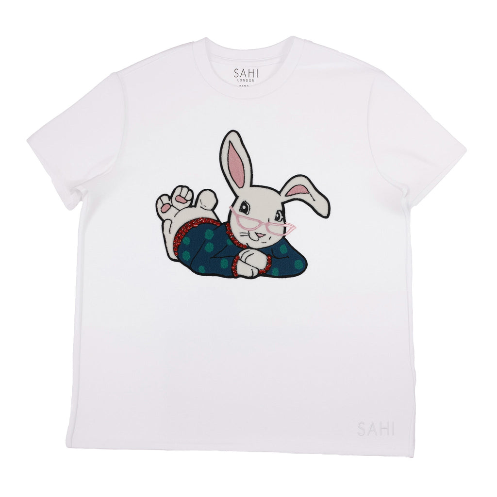 Cotton Rabbit Printed and Embroidered T-Shirt in White