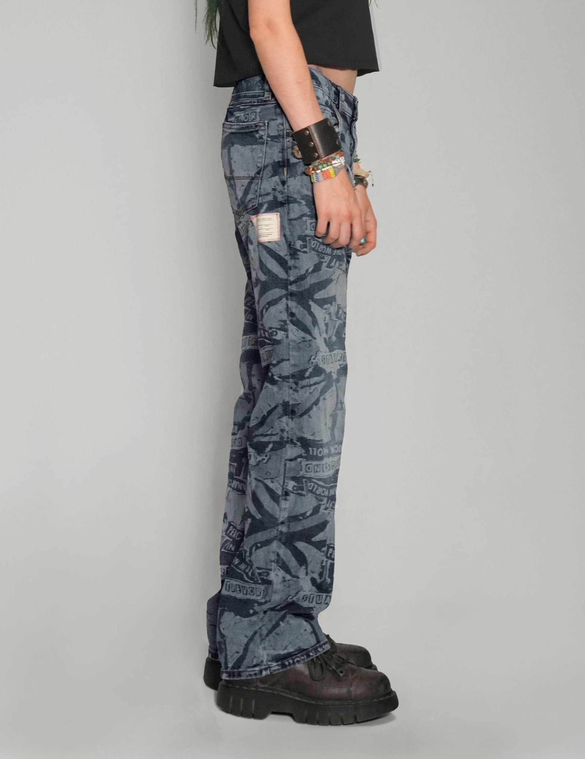 Peace Laser Print Jeans in Indigo