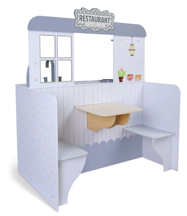 soft-lit wooden diner playset with a warm, comforting glow from the kitchen side