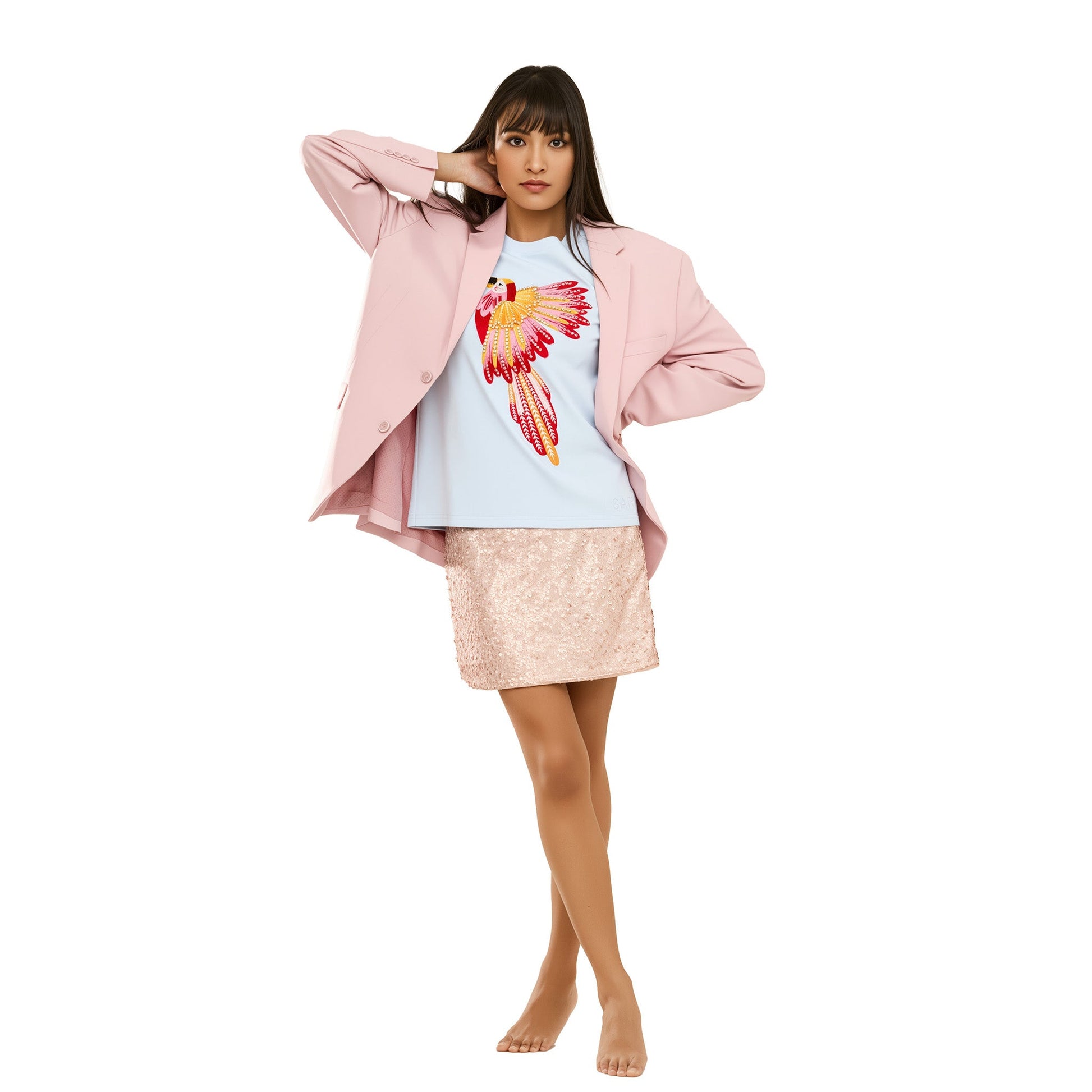 Cotton Embroidered Parrot T-Shirt with Beads and Thread