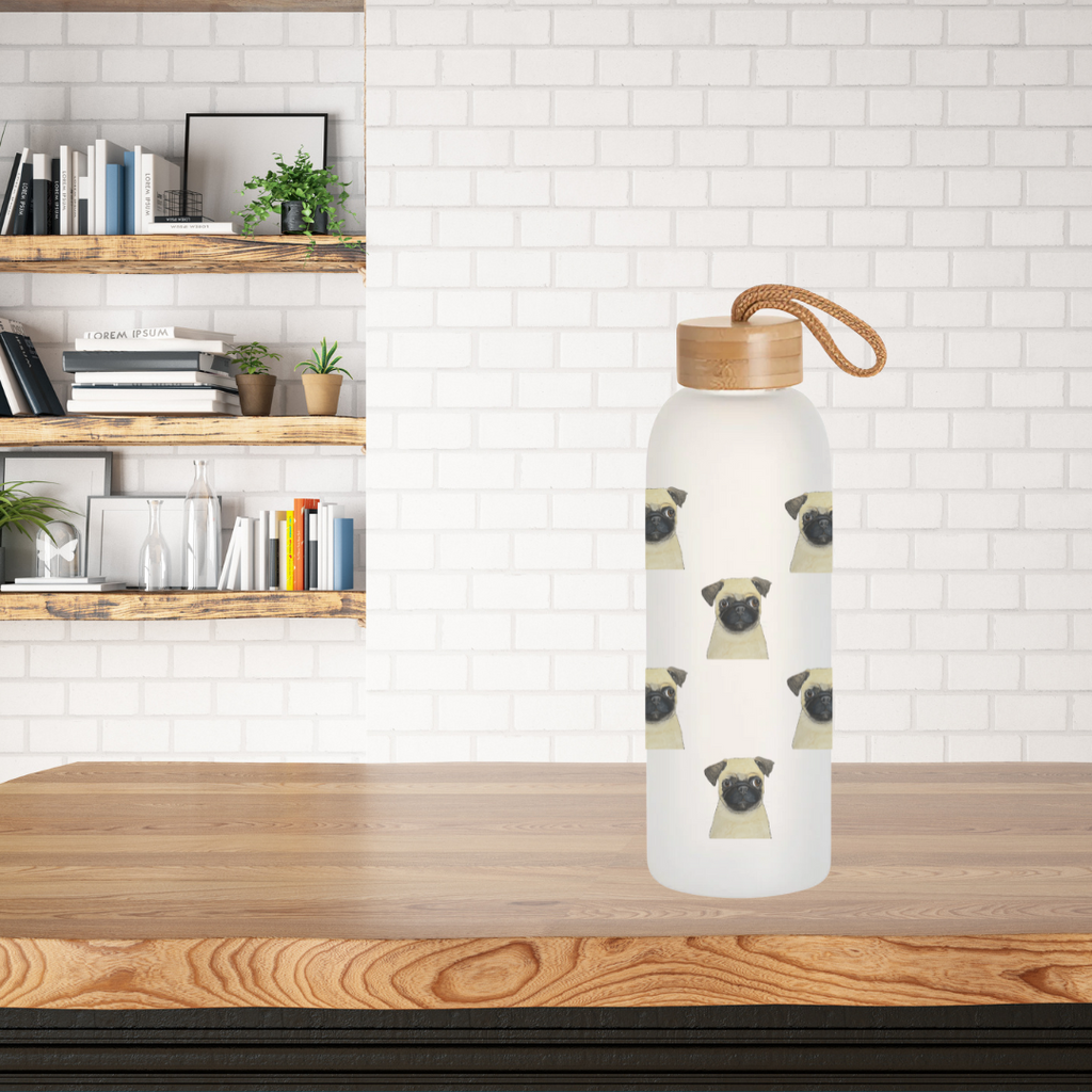 Pug Water Bottle 750ml Frosted Glass with Bamboo Lid