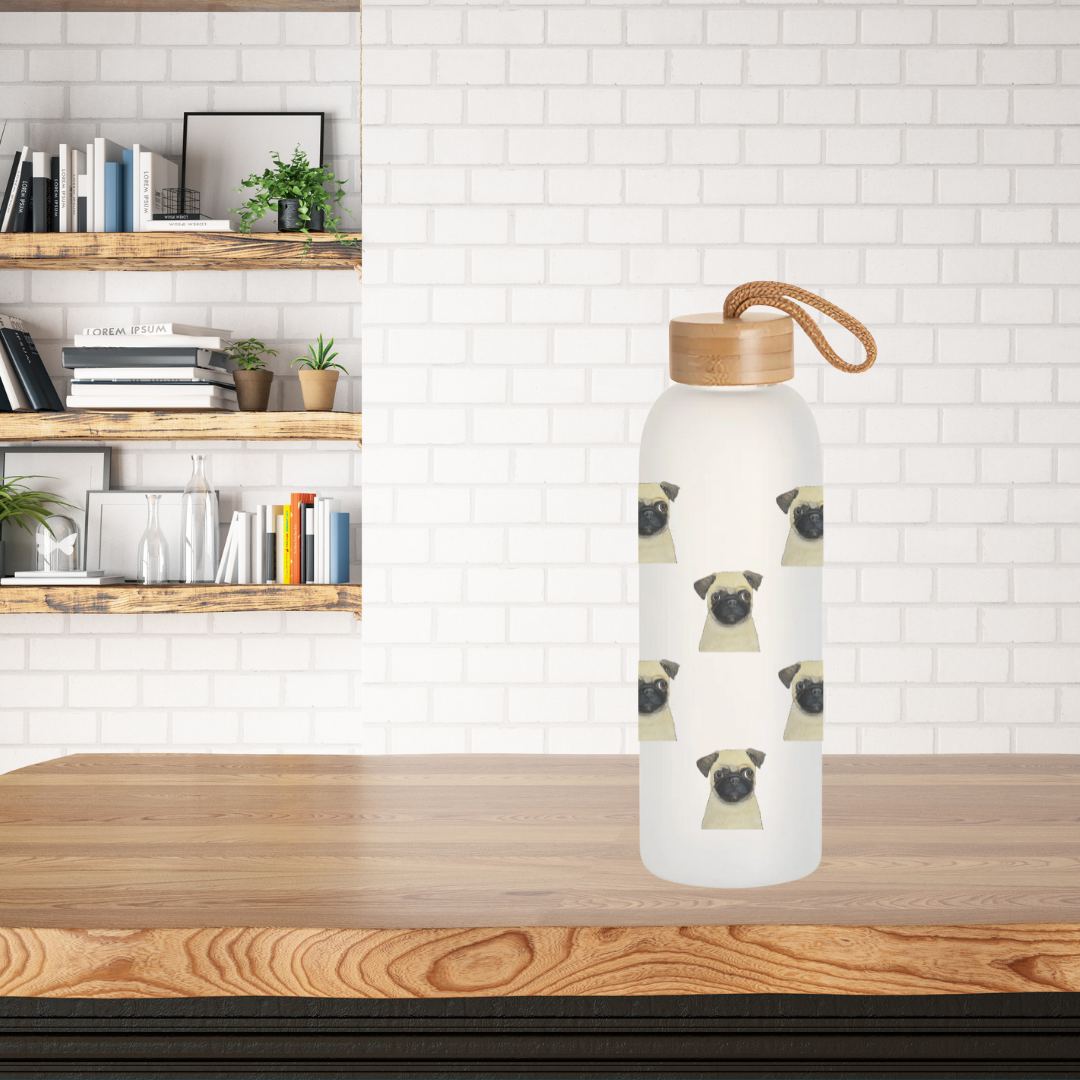 Pug Water Bottle 750ml Frosted Glass with Bamboo Lid