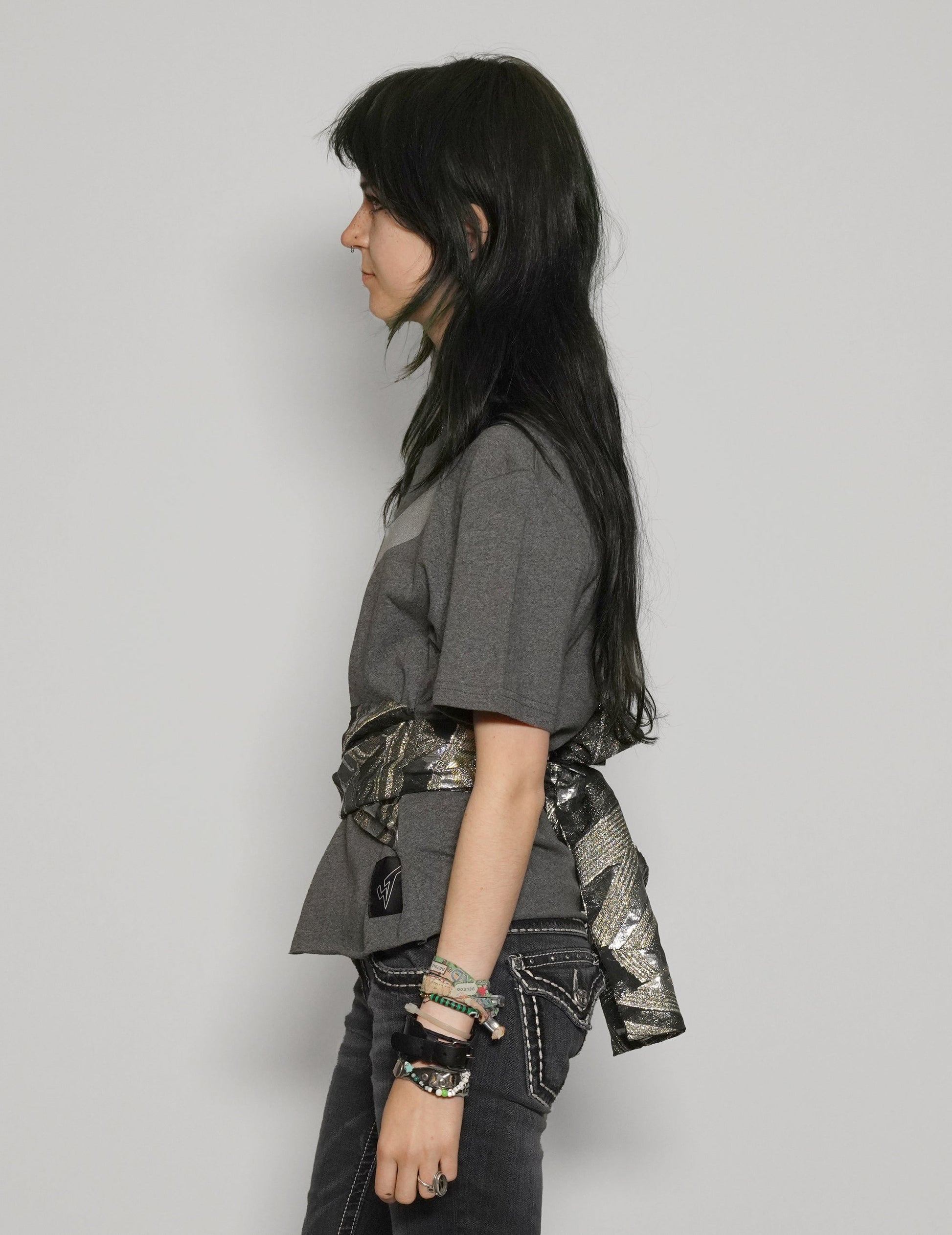 Grey Cropped Tie Tee with Silver Logo