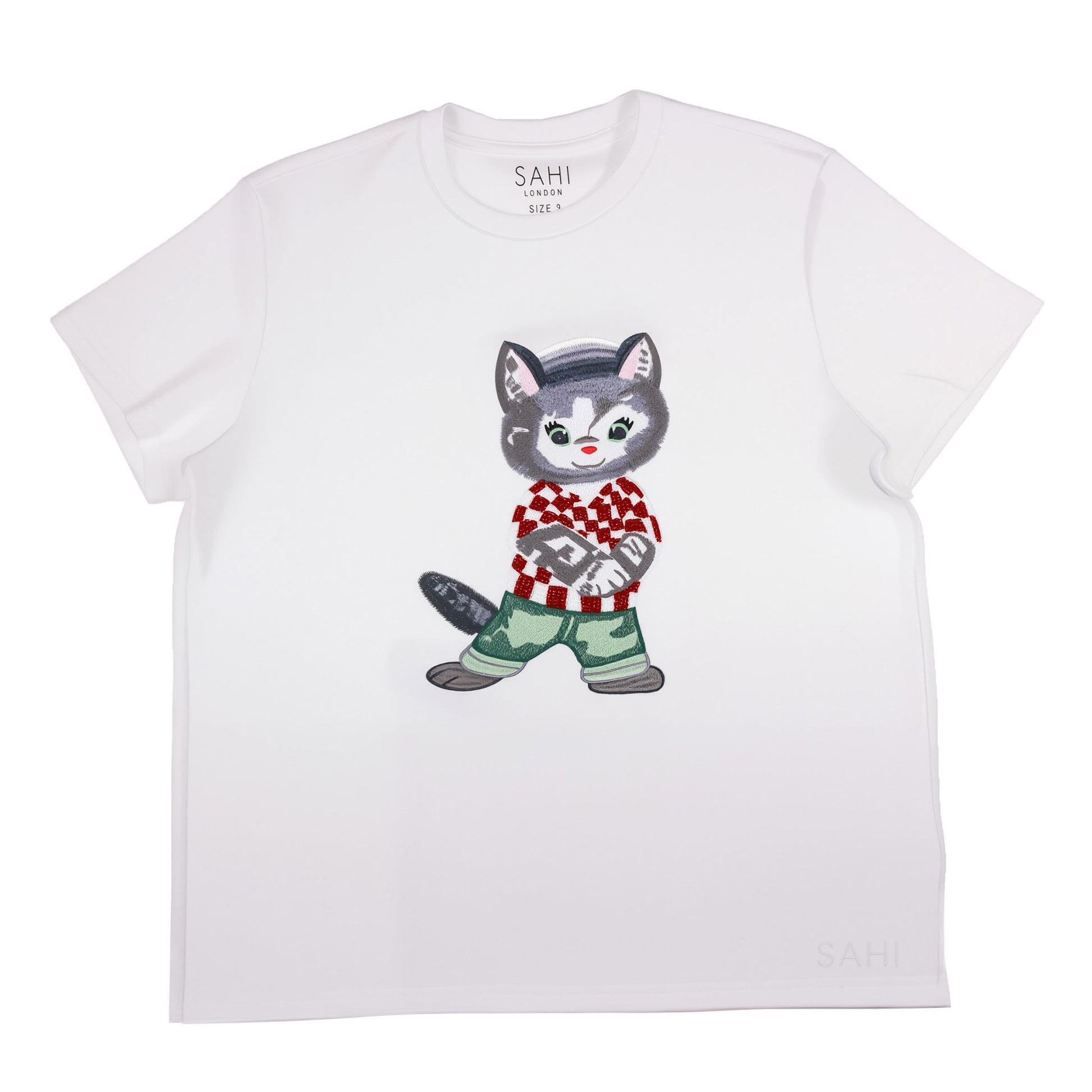 Cotton Embroidered Cat T-Shirt with Beads and Thread