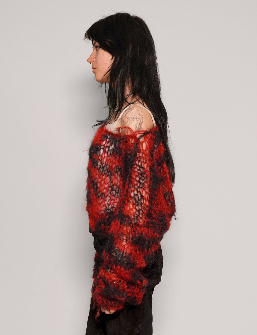 Red and Black Striped Mohair Hand Knit Cropped Sweater