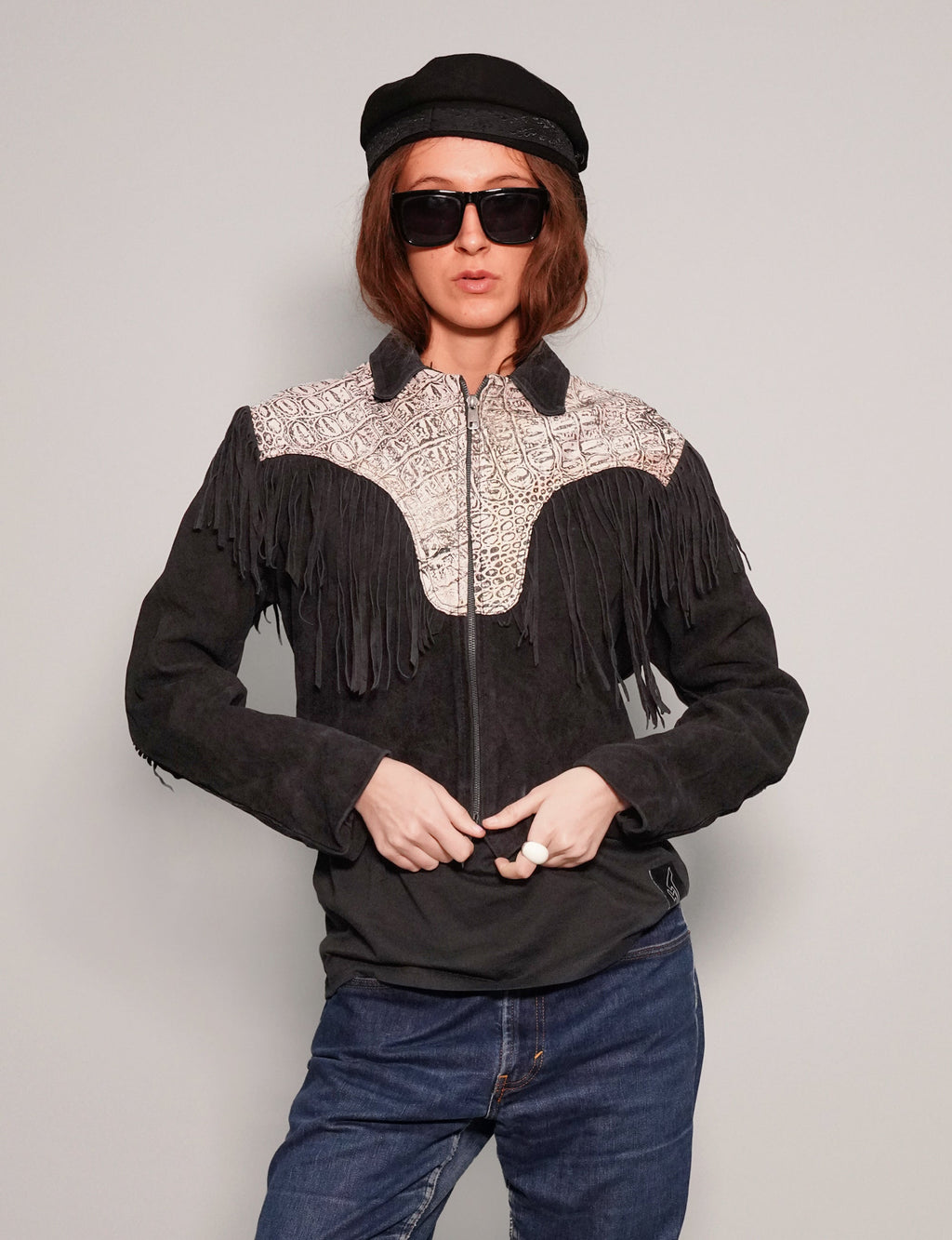 Two Tone Cowboy Leather Jacket with Alligator Panel