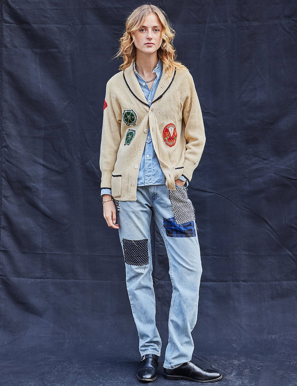 Vintage Beige Wool Cardigan with Embroidered Patches 1970s