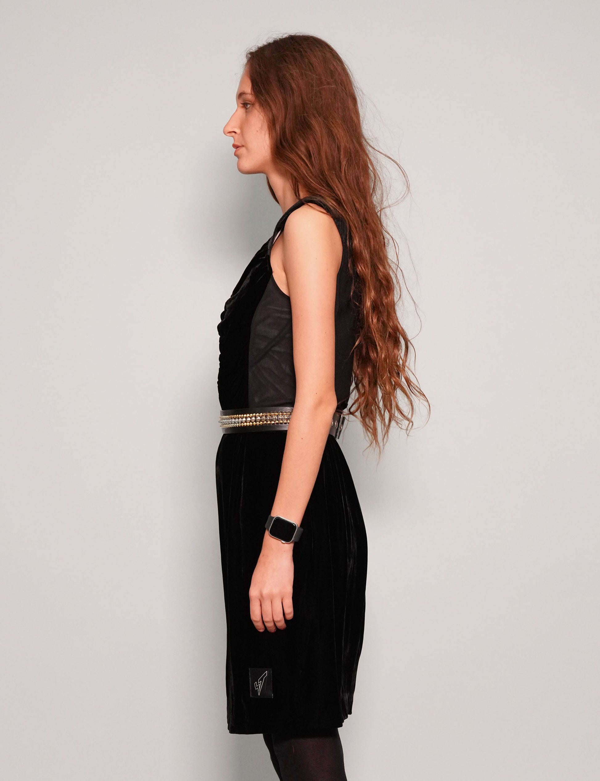 Black Velvet Dress with Studded Neckline