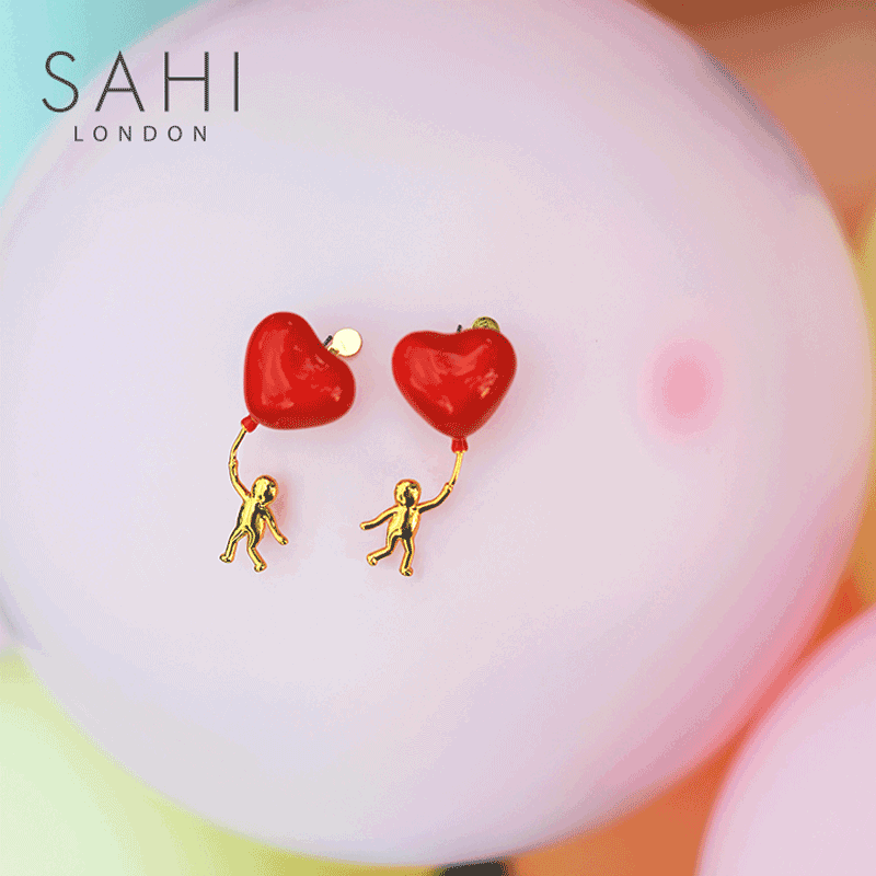 Heart Shaped Enamel Drop Earrings in Gold and Red