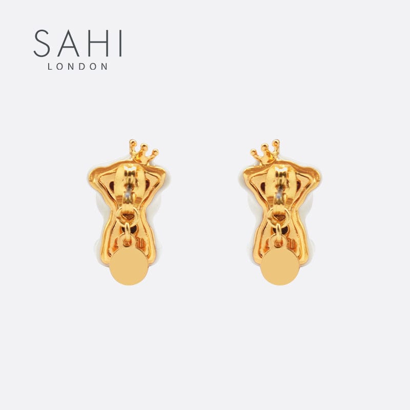 Gold Enameled Camellia Bear Stud Earrings