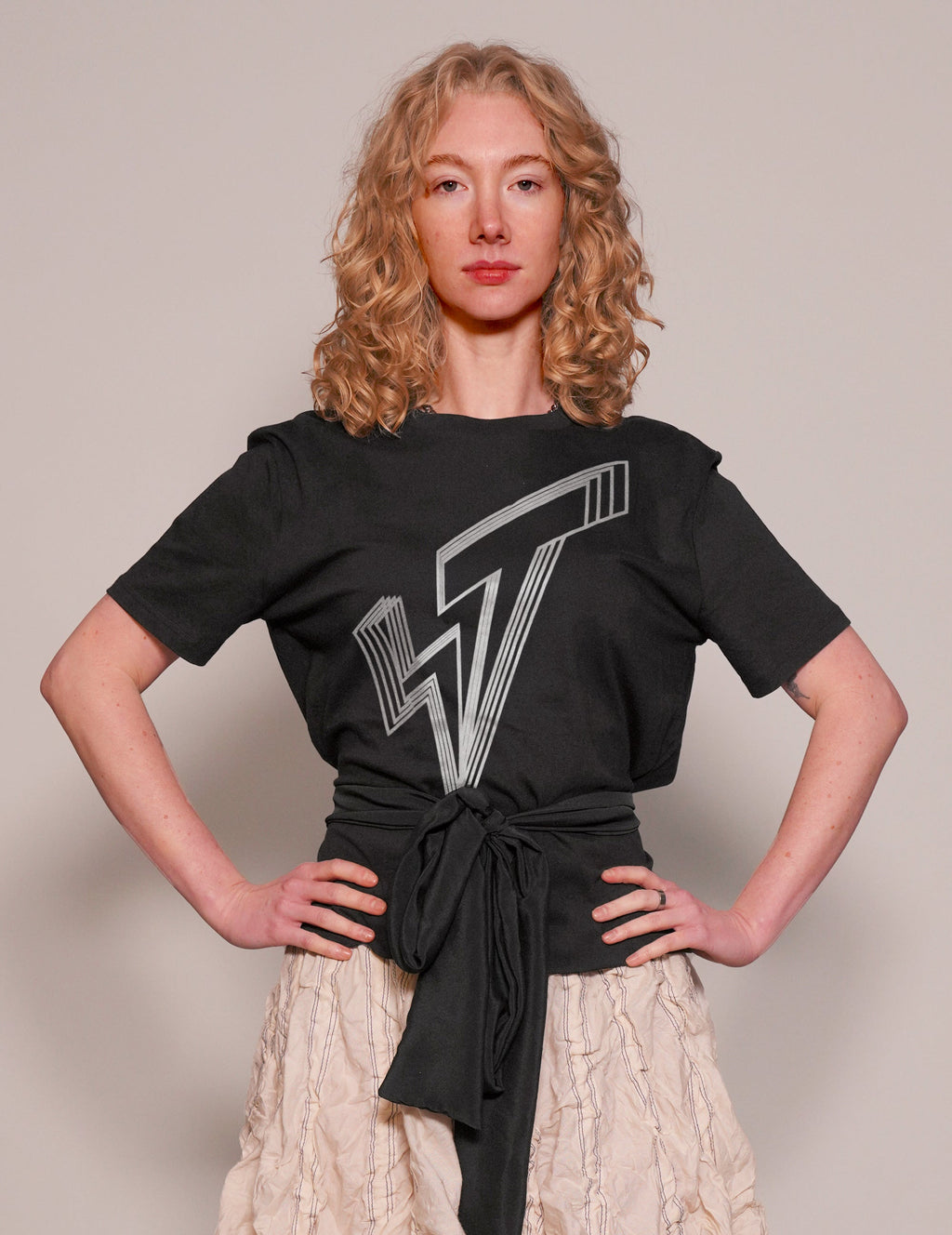 Black Cropped Tee with Silver Logo and Silk Tie Detail