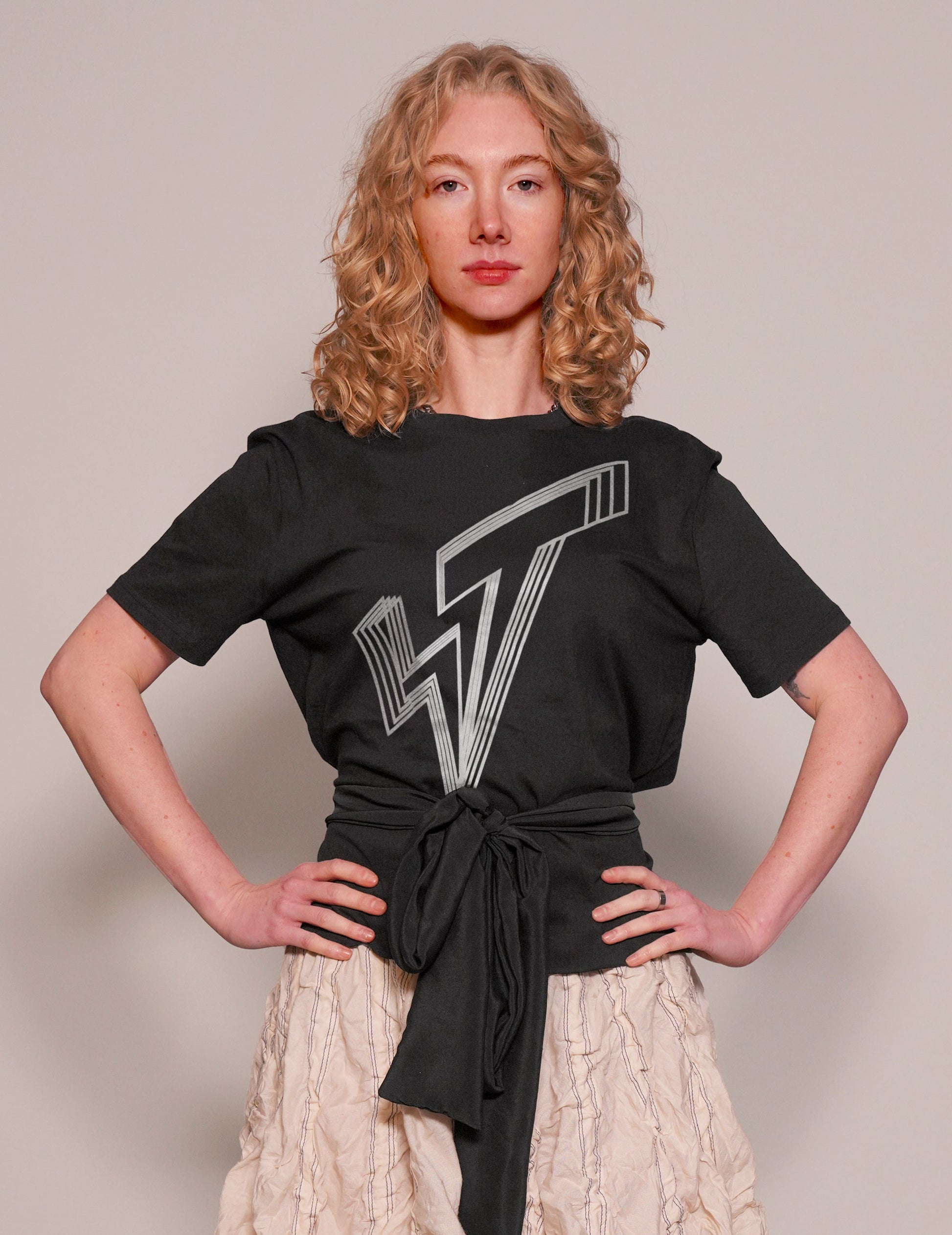 Black Cropped Tee with Silver Logo and Silk Tie Detail