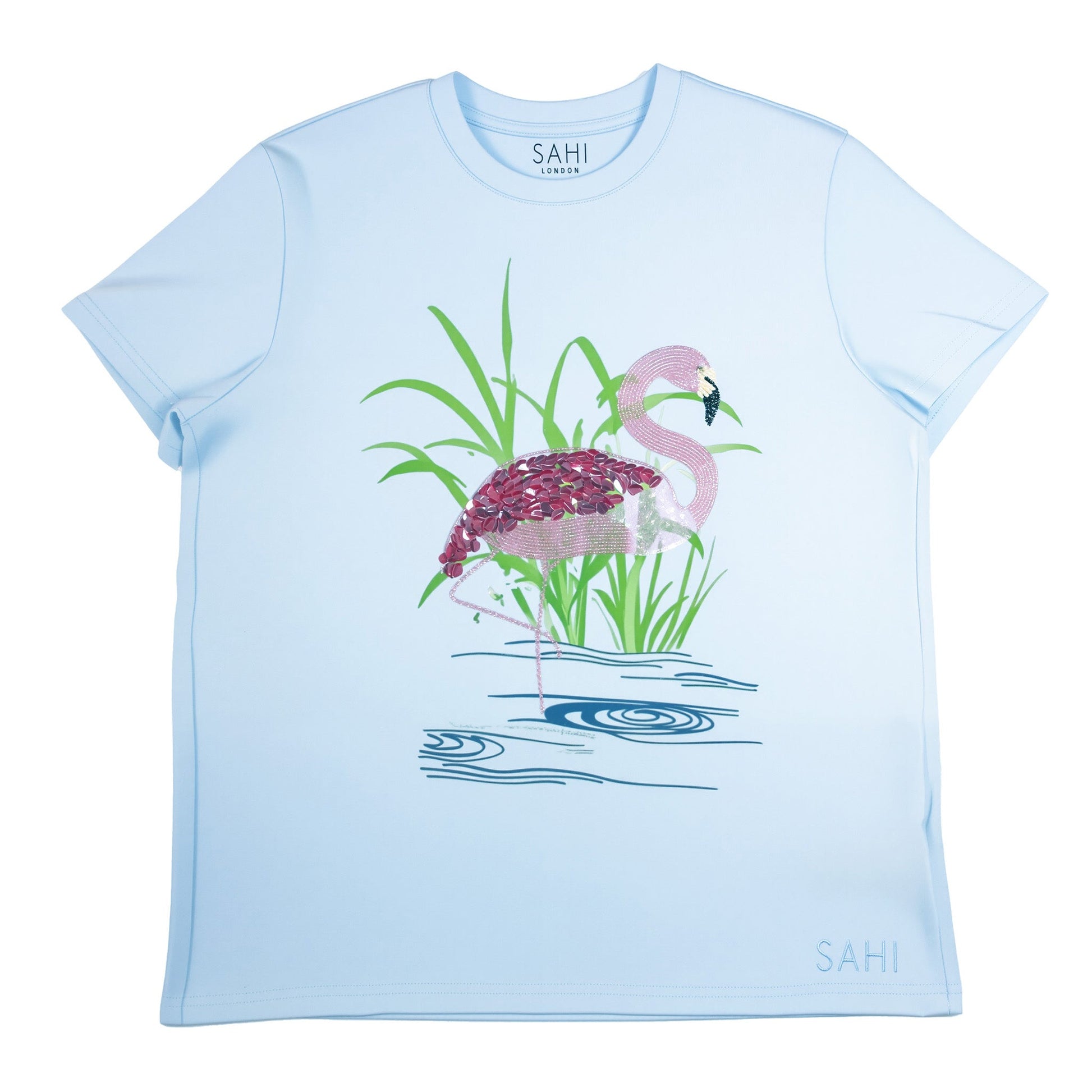 Cotton Flamingo Printed and Embroidered T-Shirt