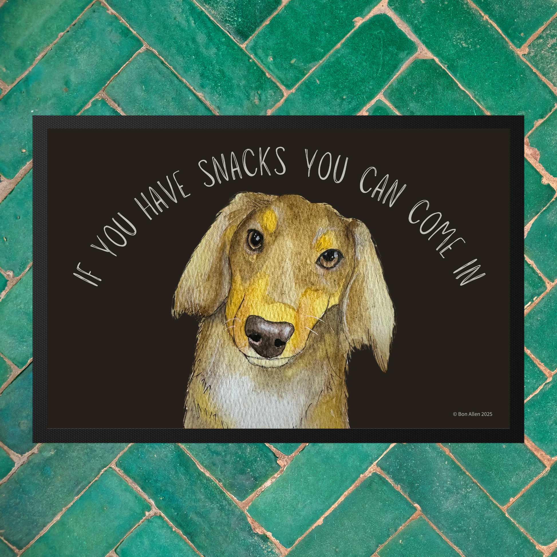 Long Haired Dachshund Doormat with Snacks Slogan