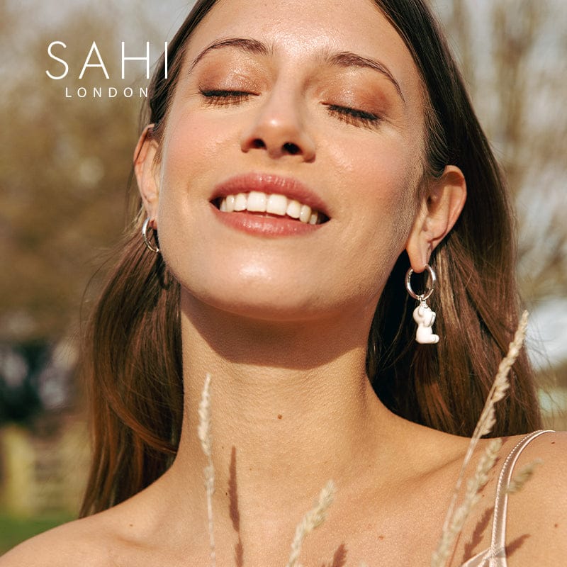 Gold Enameled Camellia Bear Drop Earrings