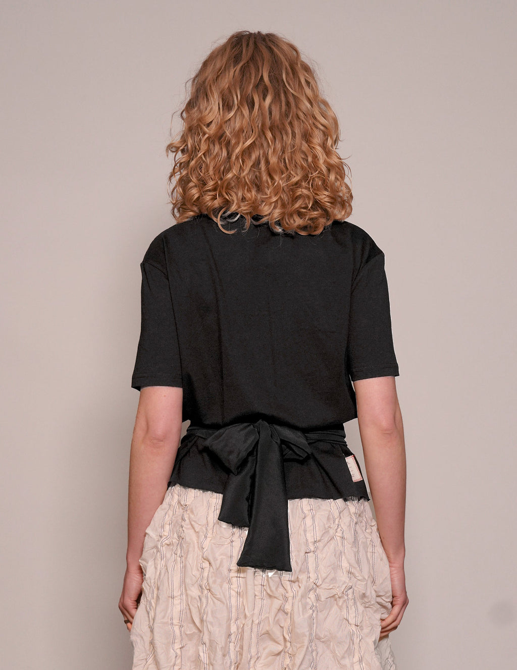 Black Cropped Tee with Silver Logo and Silk Tie Detail