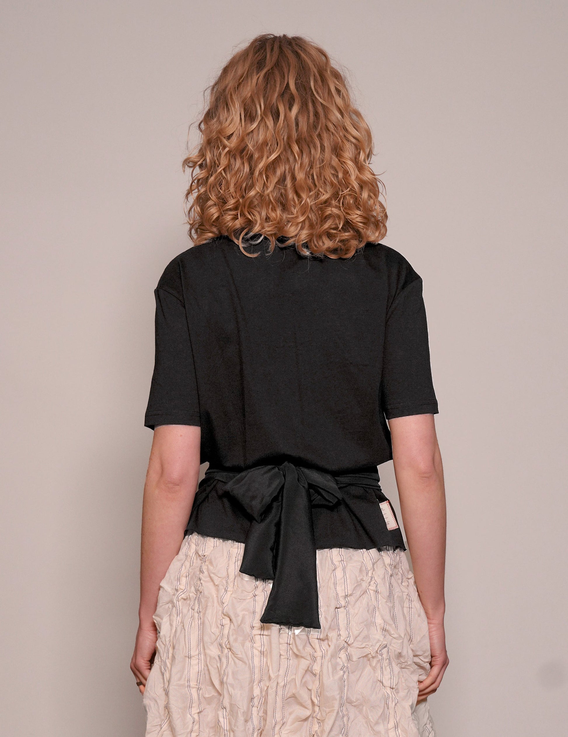 Black Cropped Tee with Silver Logo and Silk Tie Detail