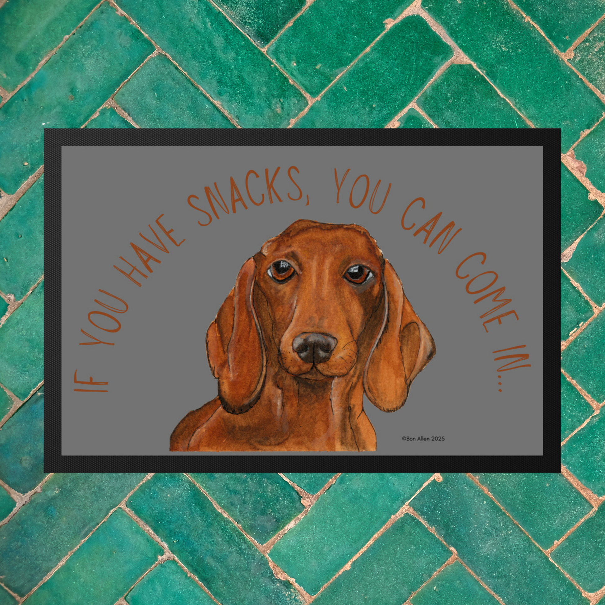 Dachshund Doormat with Snacks Slogan