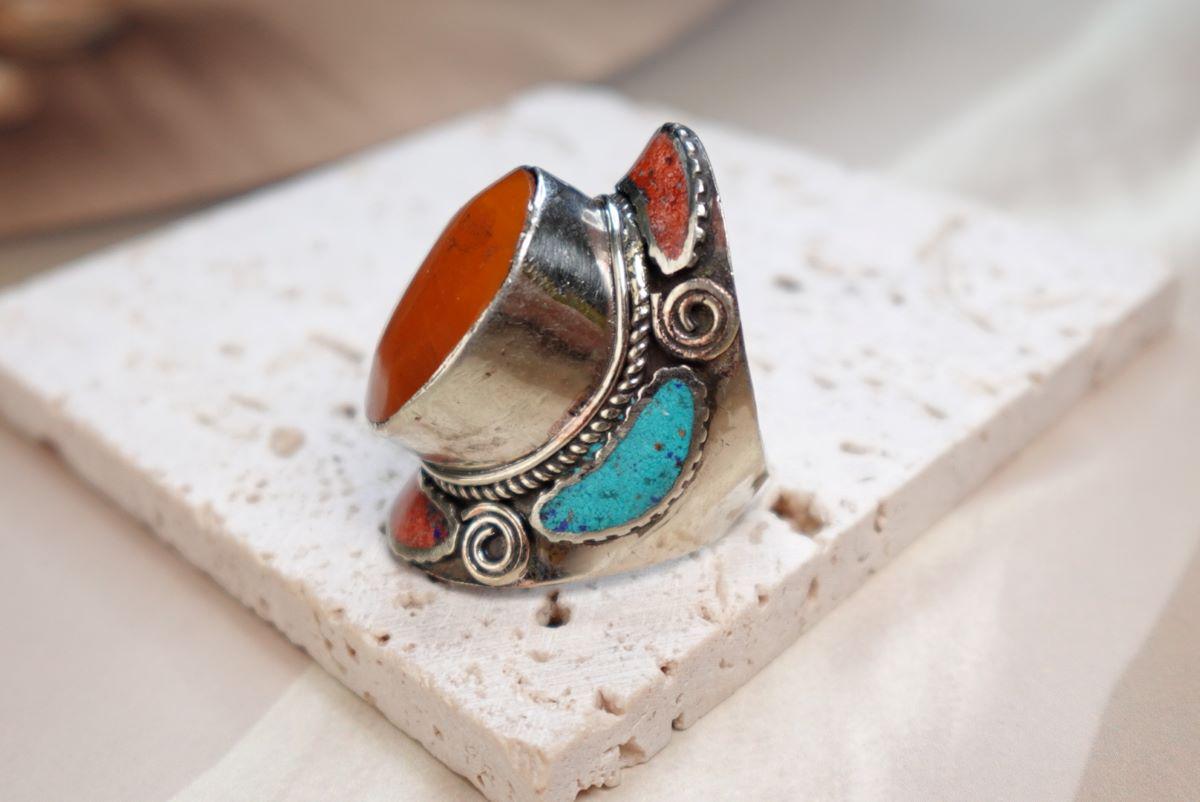 Large Silver Mosaic Rings with Turquoise, Coral and Lapis Inlay