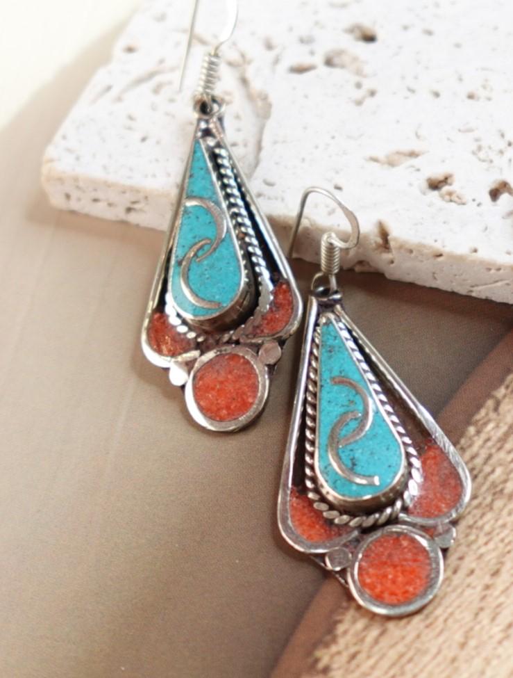 Vintage Tibetan Silver Earrings with Turquoise and Coral