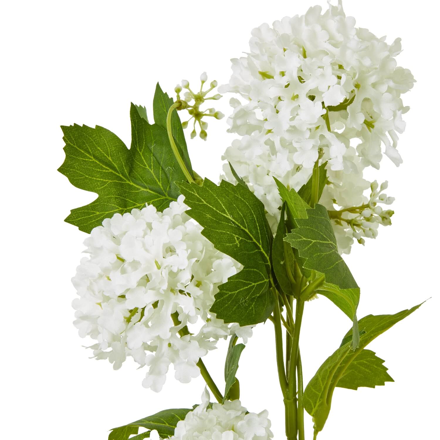 Cream white faux snowball viburnum spray with green foliage, 30-inch lifelike floral arrangement for home decor by Sostter at brixbailey.com