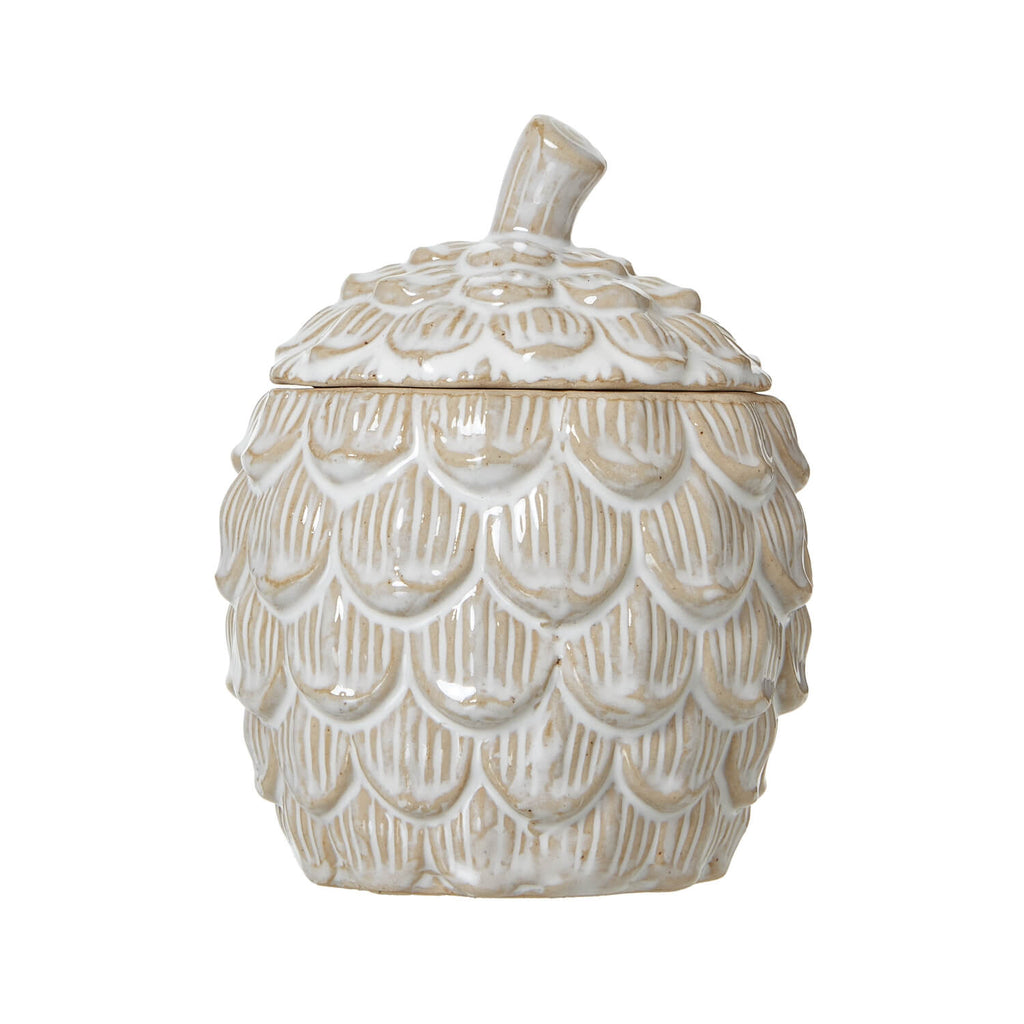 White ceramic pine cone trinket dish with removable lid, lifelike sculpted details, 12cm height, for jewelry or decor. by RoomLondon at brixbailey.com