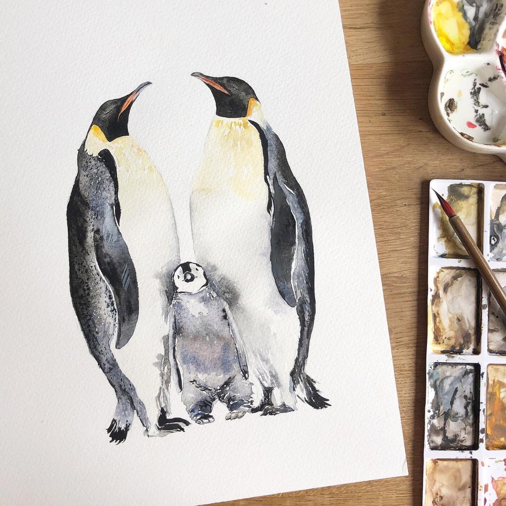 Penguin Family Personalised Watercolour Fine Art Print