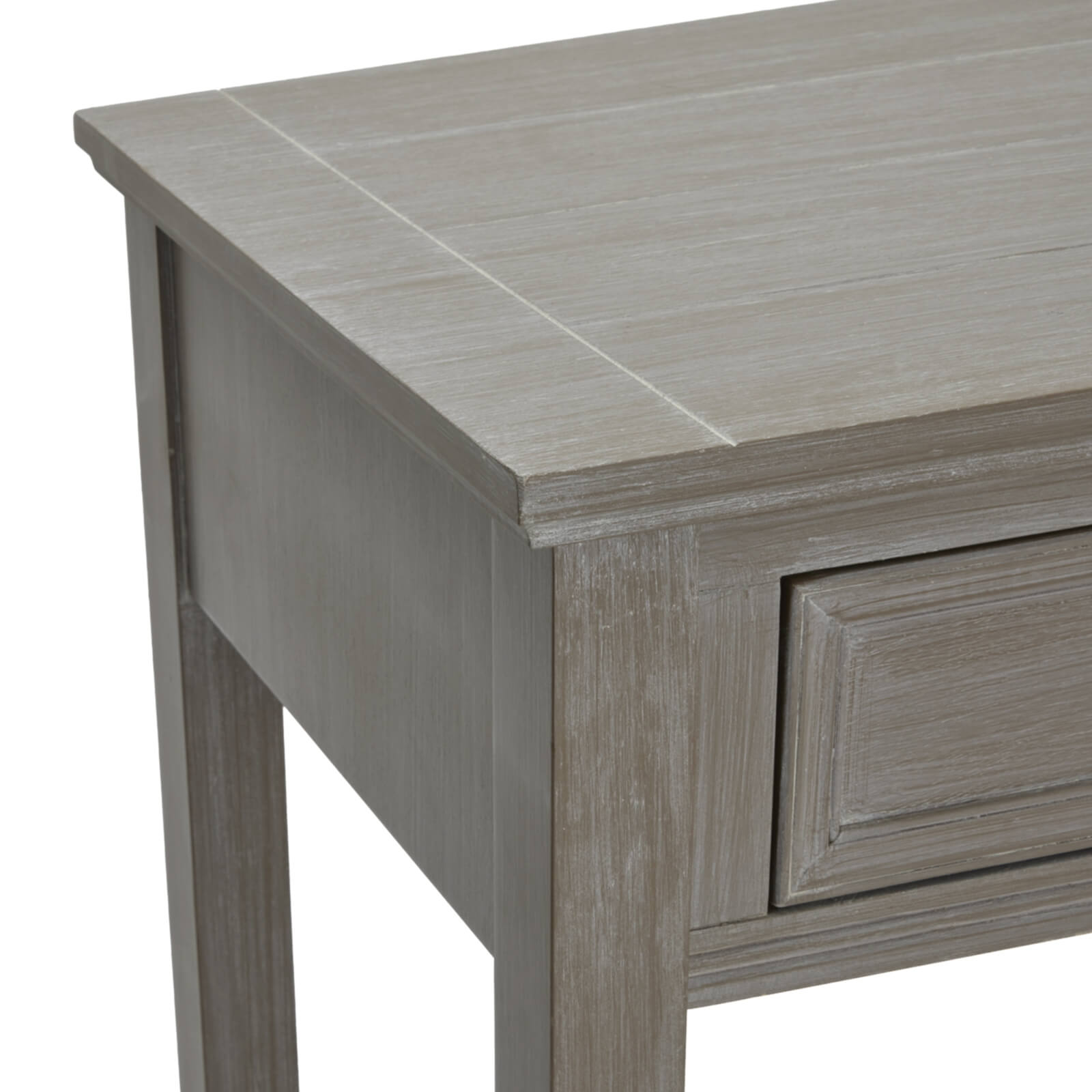 Distressed grey four-drawer console table with solid wood construction, transitional design for living room storage. by Sostter at brixbailey.com