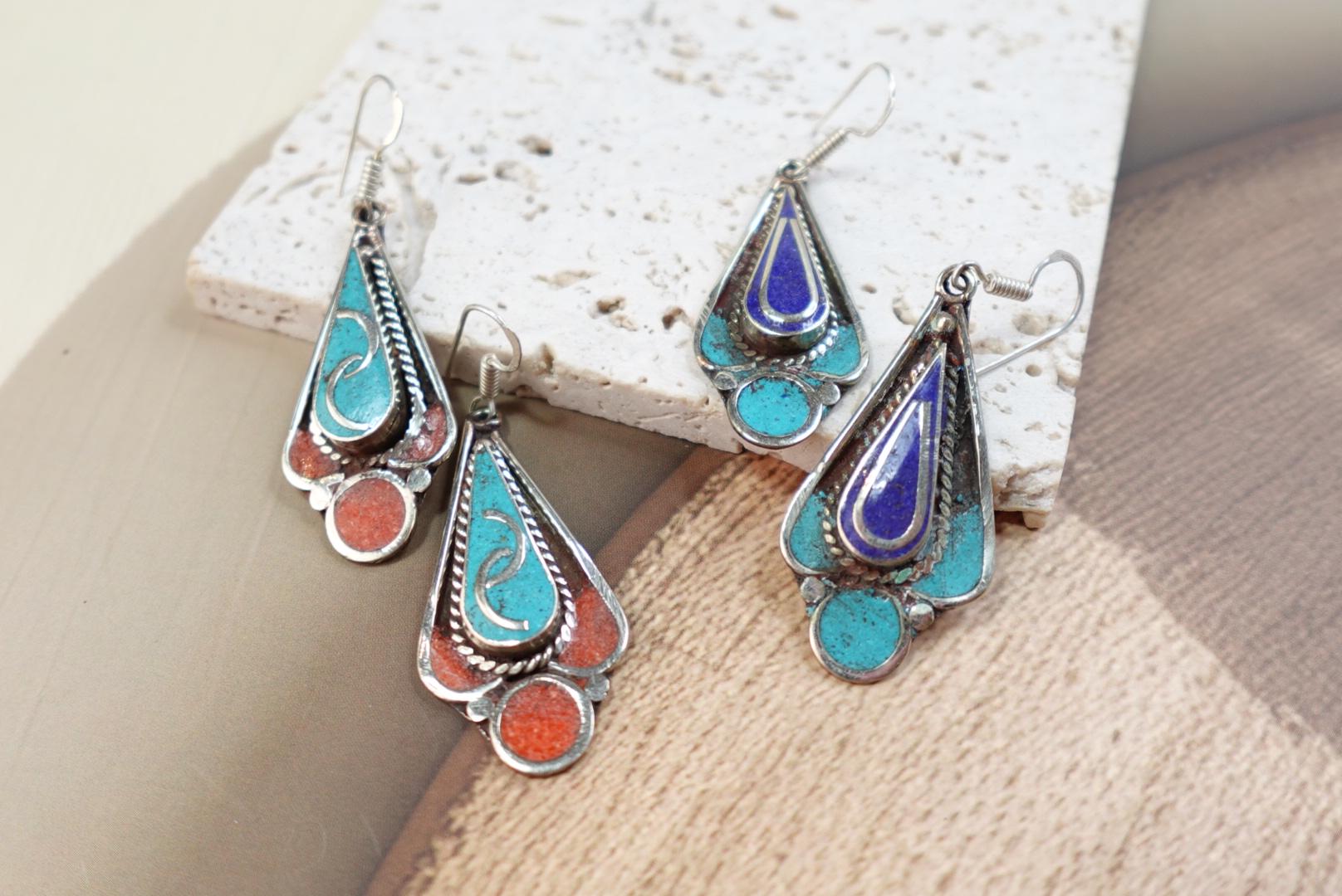 Vintage Tibetan Silver Earrings with Turquoise and Coral
