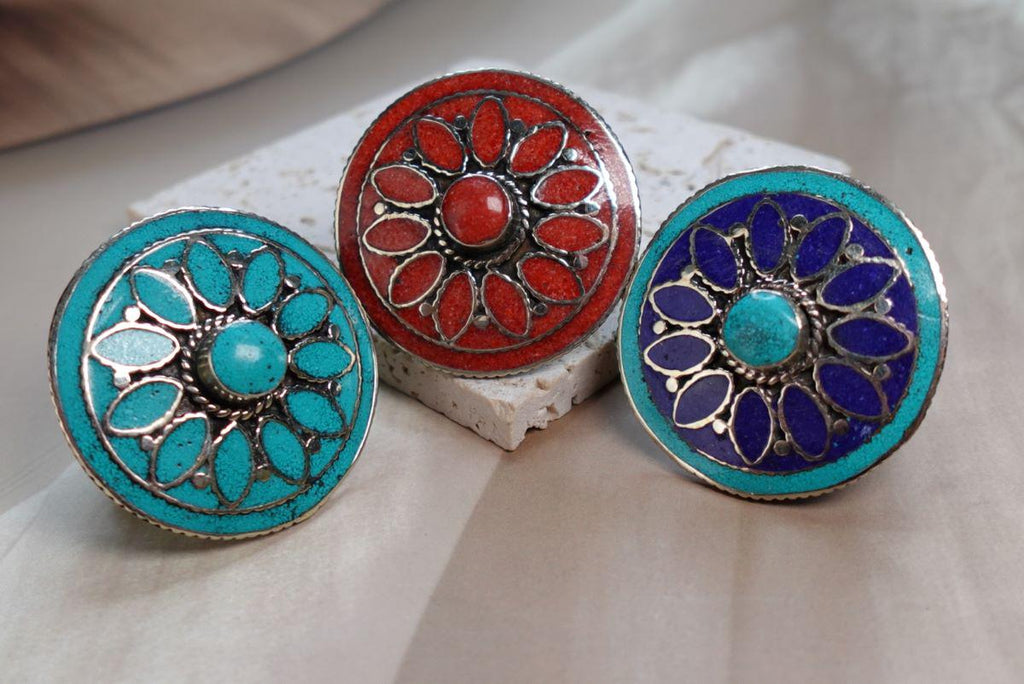 Boho Mandala Statement Ring in Turquoise, Coral and Lapis