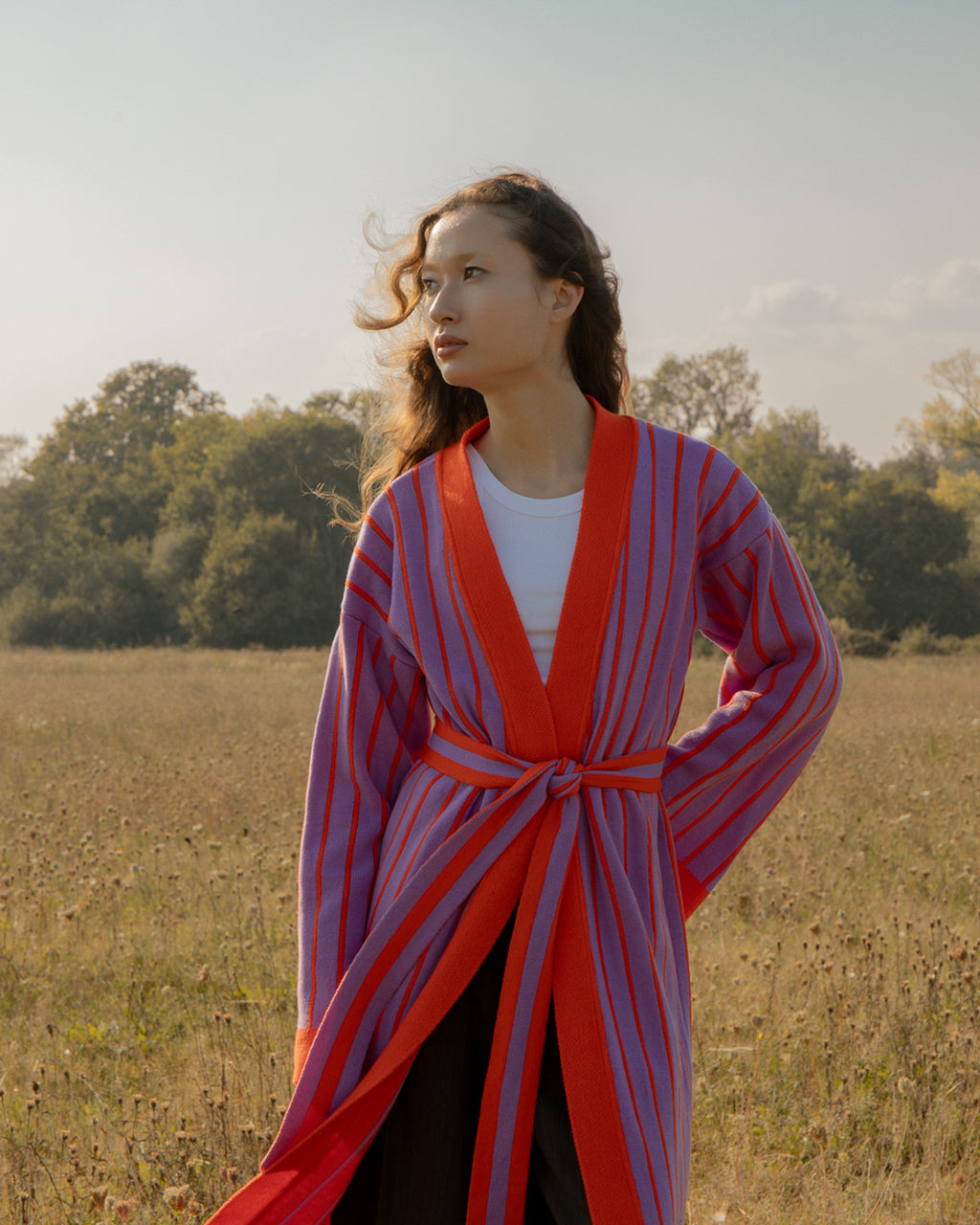 Thin Striped Wool and Cashmere Cardigan in Orange and Lilac