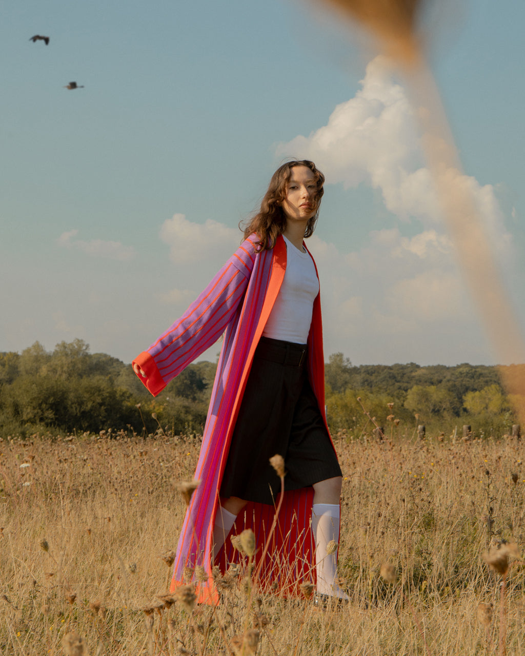 Thin Striped Wool and Cashmere Cardigan in Orange and Lilac