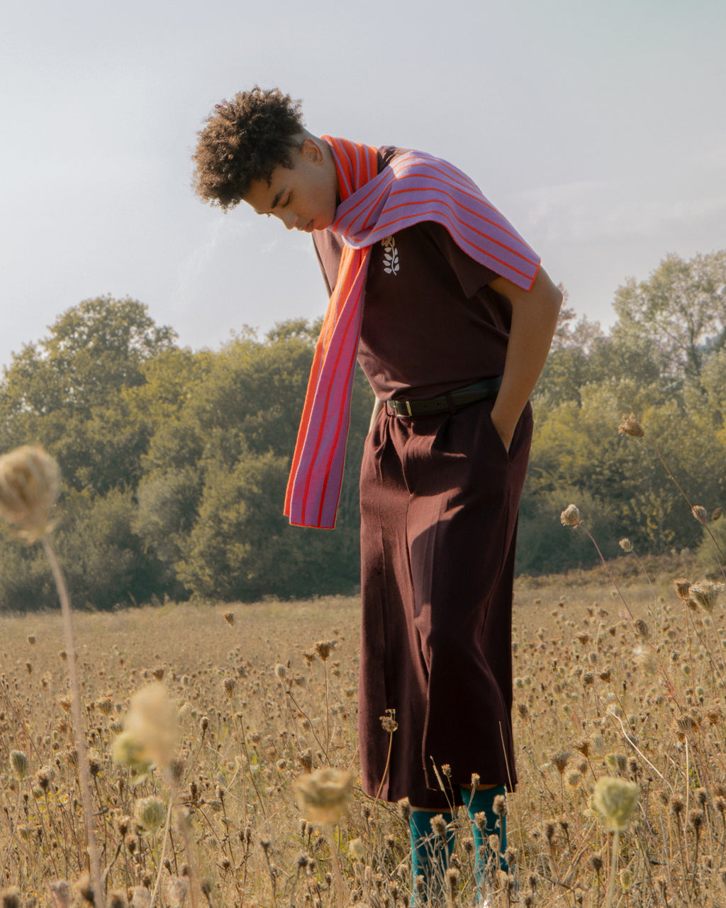 Thin Stripe Wool and Cashmere Scarf in Orange and Purple
