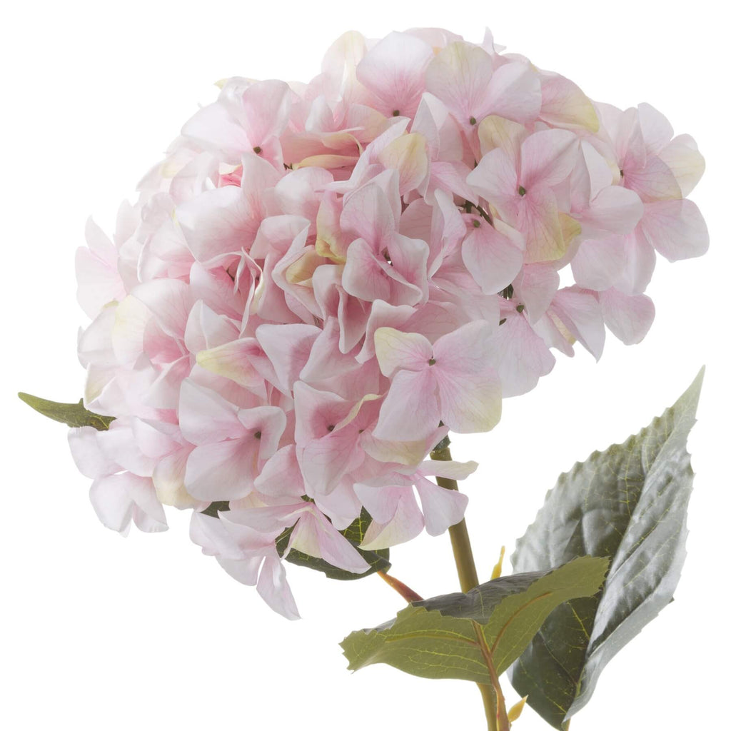 Pink lifelike hydrangea stem, 45 inches tall, ultra-realistic plastic petals for elegant home decor arrangements (124 chars) by sostter at brixbailey.com