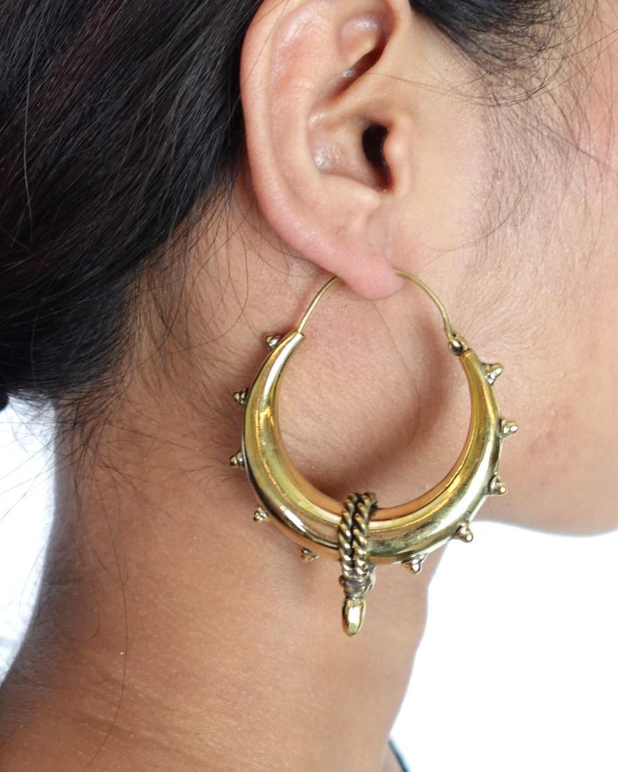 Chunky Brass Spike Hoop Earrings in Antique Gold