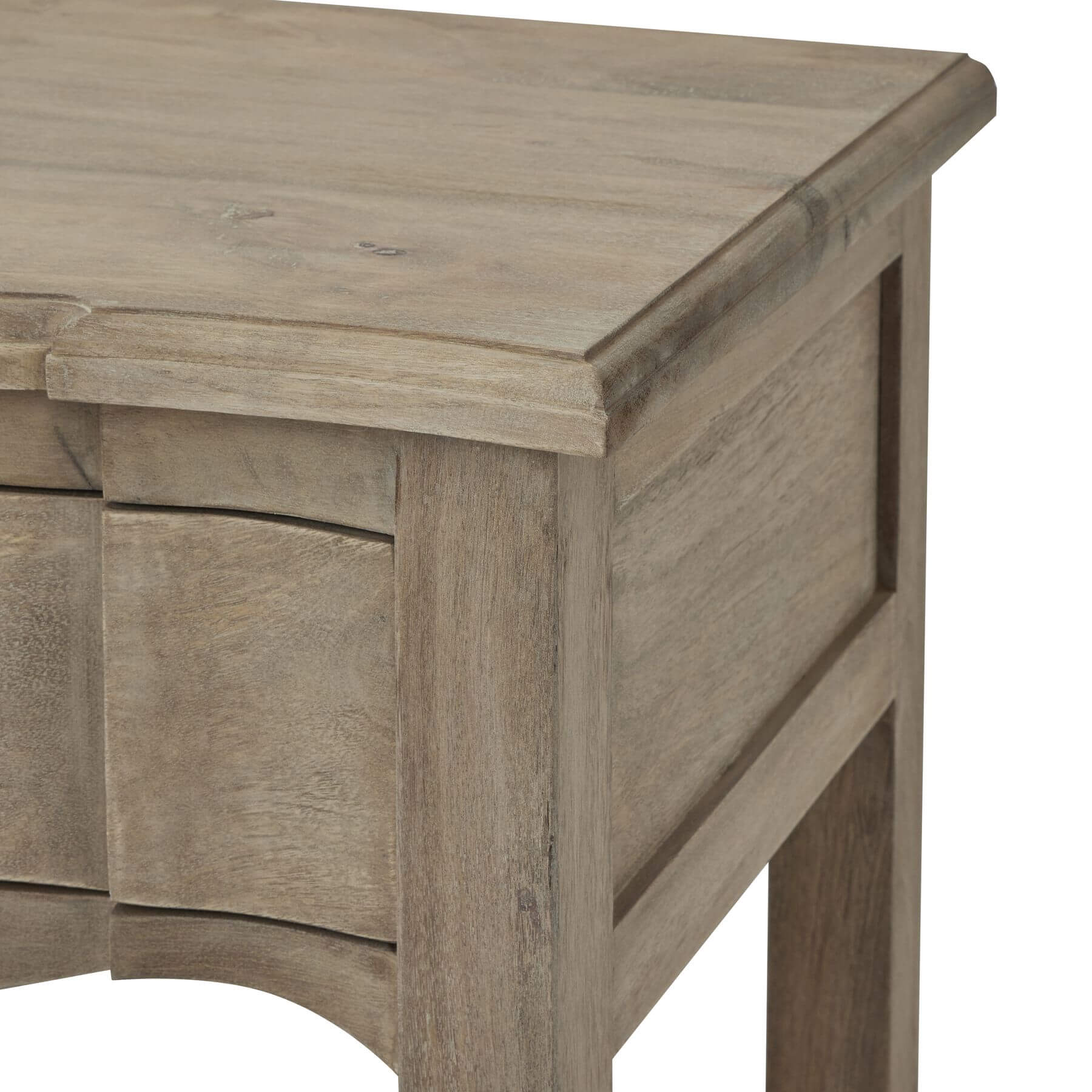 Handcrafted French provincial side table with hardwood construction, bleached finish, and black iron handles for rustic elegance. by RoomLondon at brixbailey.com