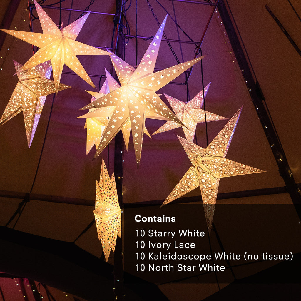 White Wedding Star Lanterns Multi Pack 40 Pieces